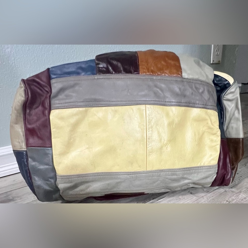 Vintage 60 70’s Patchwork 100% Genuine Leather Duffel Travel Bag Vacation Retro - Picture 8 of 16